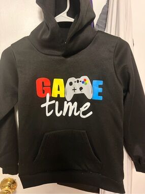 Kids Black 'Game Time' Hoodie with Colorful Controller Graphic